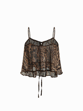 Leopard Tie Front Ruffle Cami Top & Mid Rise Wide Leg Trousers Loungewear Set