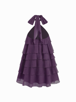 Chiffon Halter Neckline Asymmetrical Ruffle Babydoll Mini Dress