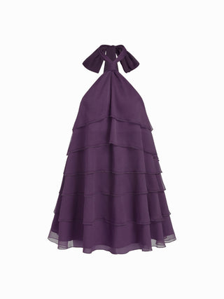 Chiffon Halter Neckline Asymmetrical Ruffle Babydoll Mini Dress
