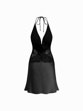Satin Halter Neckline Lace Panel High Rise Slip Mini Dress