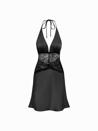 Satin Halter Neckline Lace Panel High Rise Slip Mini Dress