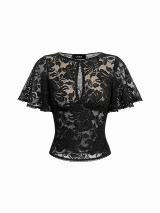 Lace Floral  Bell Sleeve Cut Out Top