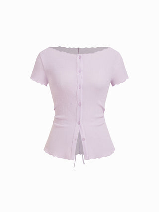 Textured Boat Neck Button Up Lettuce Trim Short Sleeve Top