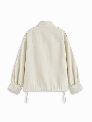 Denim Stand Collar Washed Drawstring Metal Detail Oversized Jacket