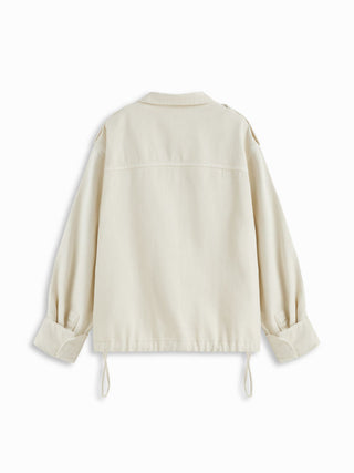 Denim Stand Collar Washed Drawstring Metal Detail Oversized Jacket
