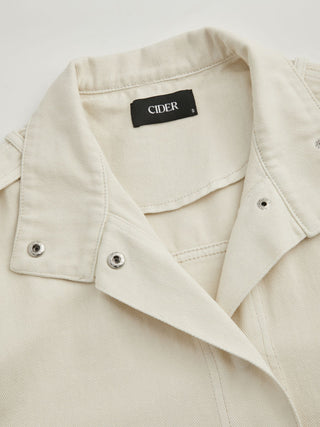 Denim Stand Collar Washed Drawstring Metal Detail Oversized Jacket