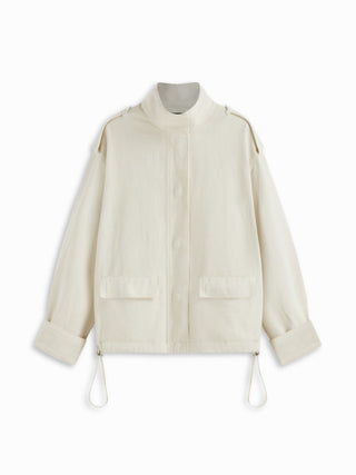 Denim Stand Collar Washed Drawstring Metal Detail Oversized Jacket
