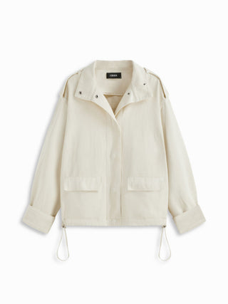 Denim Stand Collar Washed Drawstring Metal Detail Oversized Jacket