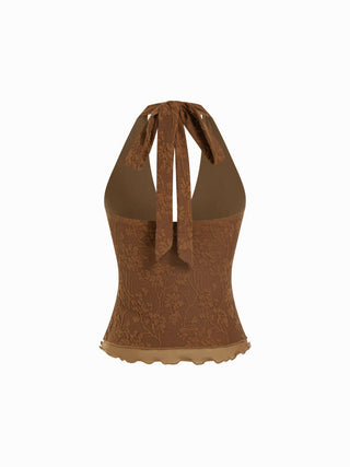 Floral Jacquard Lace Halter Neckline Ring Detail Tank Top