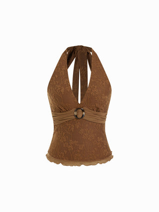Floral Jacquard Lace Halter Neckline Ring Detail Tank Top