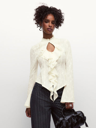 Of The Times Lace Ruffle Cutout Top