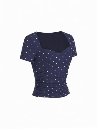 Cotton-blend Polka Dot V-neck Ruched Short Sleeve Top