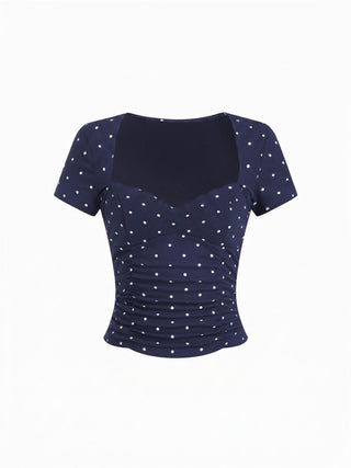 Cotton-blend Polka Dot V-neck Ruched Short Sleeve Top