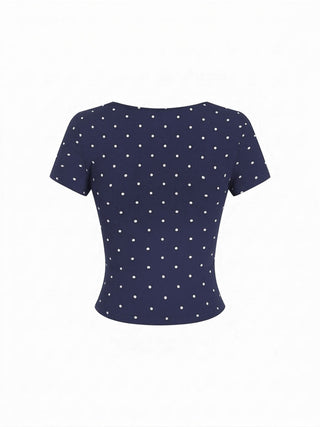 Cotton-blend Polka Dot V-neck Ruched Short Sleeve Top