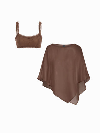 Sheer Lace Asymmetrical Poncho Top Two-Piece Set