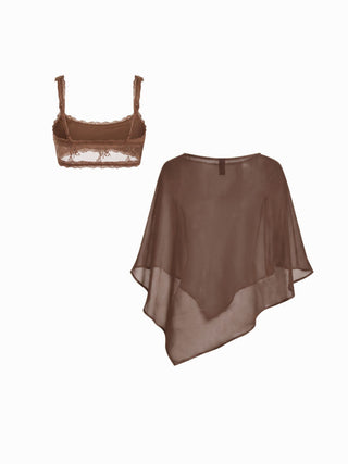 Sheer Lace Asymmetrical Poncho Top Two-Piece Set
