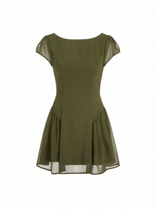 Chiffon Boat Neck Ruched A-line Mini Dress