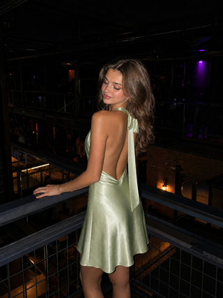 Sage Satin Halter Neck Ruched Mini Dress