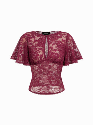Lace Floral  Bell Sleeve Cut Out Top