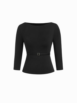 High Stretch Scoop Neck Middle Sleeve Metal Detail Slim Top With Belt