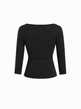 High Stretch Scoop Neck Middle Sleeve Metal Detail Slim Top With Belt