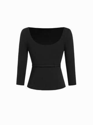 High Stretch Scoop Neck Middle Sleeve Metal Detail Slim Top With Belt