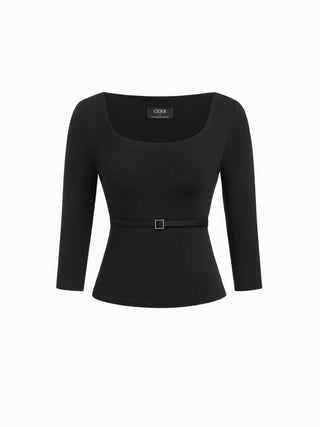 High Stretch Scoop Neck Middle Sleeve Metal Detail Slim Top With Belt