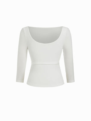 High Stretch Scoop Neck Middle Sleeve Metal Detail Slim Top With Belt