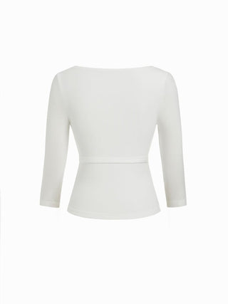 High Stretch Scoop Neck Middle Sleeve Metal Detail Slim Top With Belt