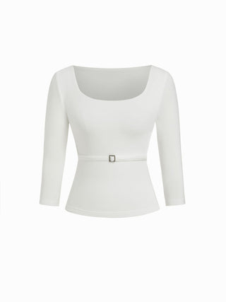 High Stretch Scoop Neck Middle Sleeve Metal Detail Slim Top With Belt