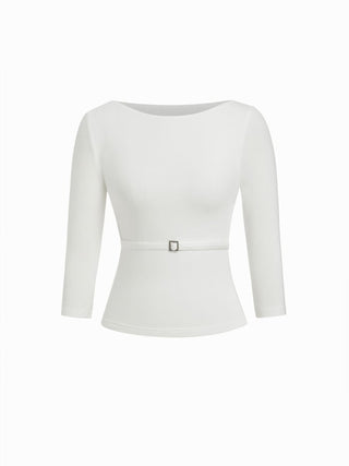 High Stretch Scoop Neck Middle Sleeve Metal Detail Slim Top With Belt
