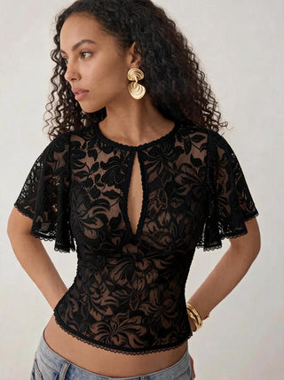 Lace Floral  Bell Sleeve Cut Out Top
