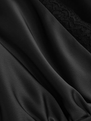 Satin V-neck Ruffle Sleeve Lace Trim Tie Front A-line Midi Dress