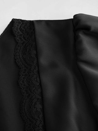 Satin V-neck Ruffle Sleeve Lace Trim Tie Front A-line Midi Dress