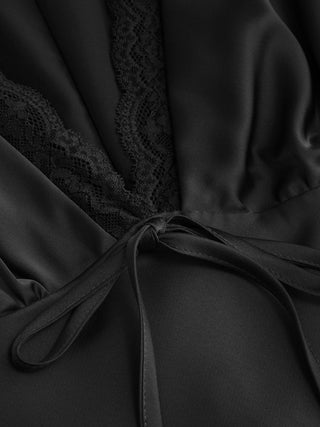 Satin V-neck Ruffle Sleeve Lace Trim Tie Front A-line Midi Dress