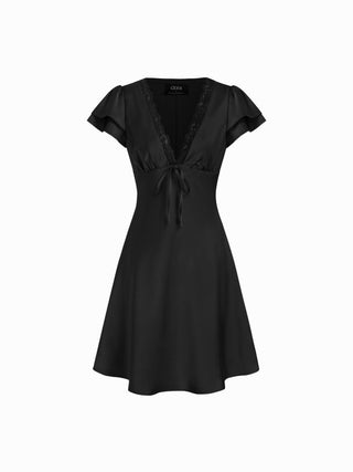 Satin V-neck Ruffle Sleeve Lace Trim Tie Front A-line Midi Dress