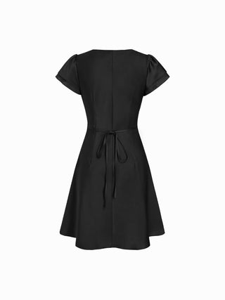 Satin V-neck Ruffle Sleeve Lace Trim Tie Front A-line Midi Dress