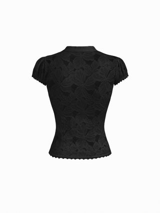 Floral Lace Stand Collar Cut Out Bowknot Short Sleeve Top