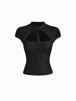 Floral Lace Stand Collar Cut Out Bowknot Short Sleeve Top