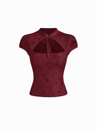 Floral Lace Stand Collar Cut Out Bowknot Short Sleeve Top