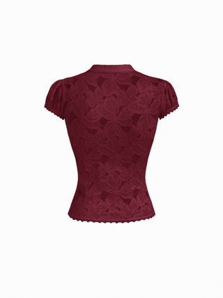 Floral Lace Stand Collar Cut Out Bowknot Short Sleeve Top