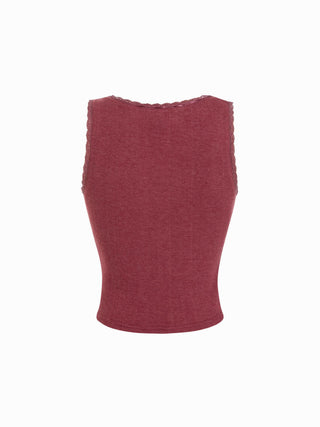 Pointelle Textured Scoop Neck Lace Trim Bowknot Tank Top