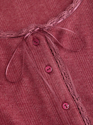 Pointelle Textured Scoop Neck Lace Trim Bowknot Tank Top