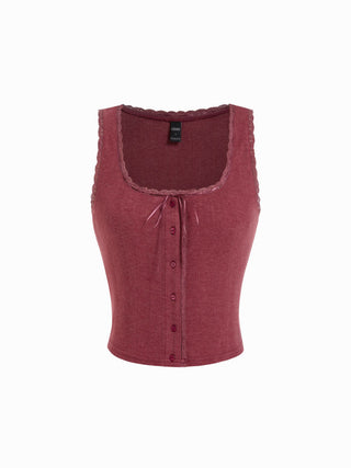 Pointelle Textured Scoop Neck Lace Trim Bowknot Tank Top