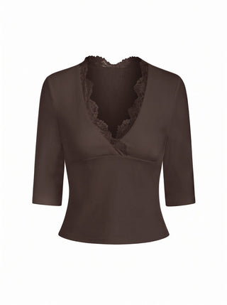 V-neck Mid-length Sleeve Scalloped Lace Trim Tee