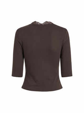 V-neck Mid-length Sleeve Scalloped Lace Trim Tee