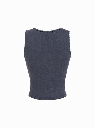 Pointelle Textured Scoop Neck Lace Trim Bowknot Tank Top