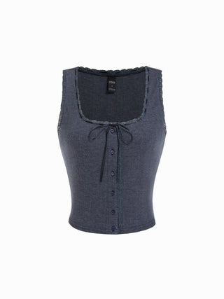 Pointelle Textured Scoop Neck Lace Trim Bowknot Tank Top
