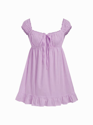 Cotton-blend Square Neck Puff Sleeve Drawstring Ruffle Hem Oversized Babydoll Mini Dress