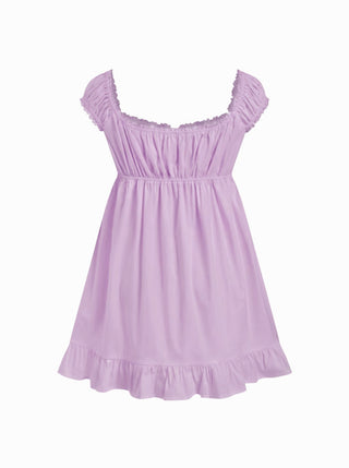 Cotton-blend Square Neck Puff Sleeve Drawstring Ruffle Hem Oversized Babydoll Mini Dress